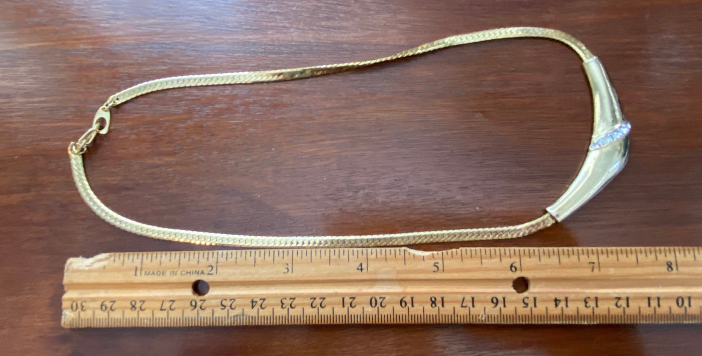 Vintage Gold Tone Herringbone Chain Rhinestone Collar Necklace