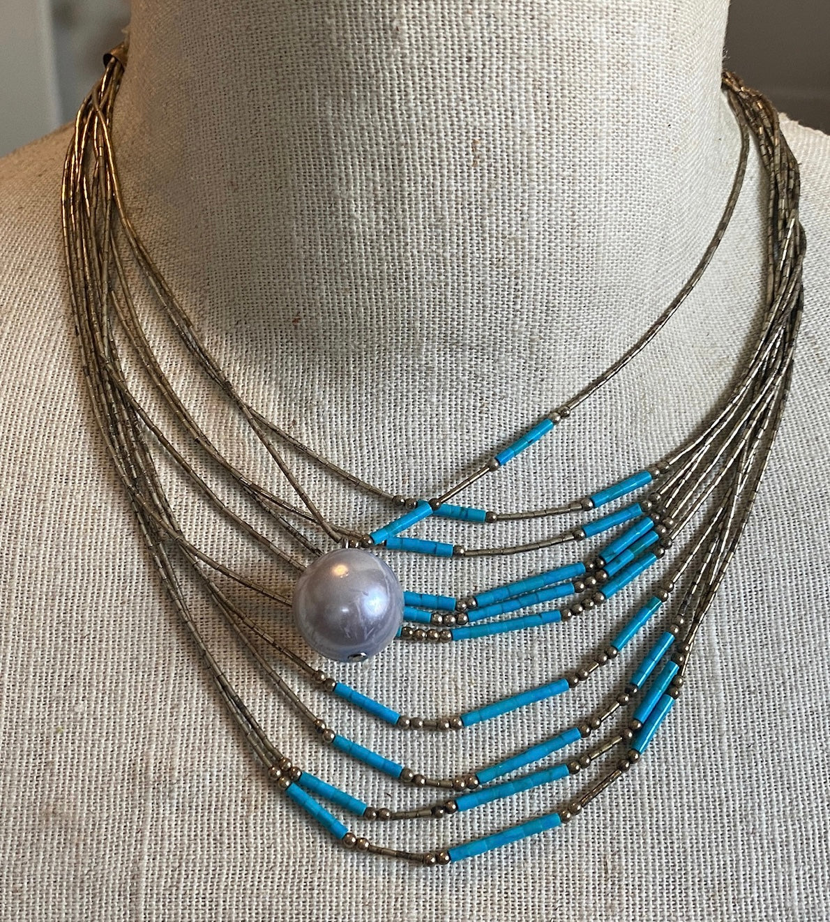 Silvertone Metal Faux Turquoise Pearl Mesh Multistrand Necklace