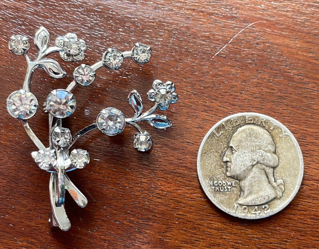 Silver Tone Metal Rhinestone Brooch Pin Branches w Flowers