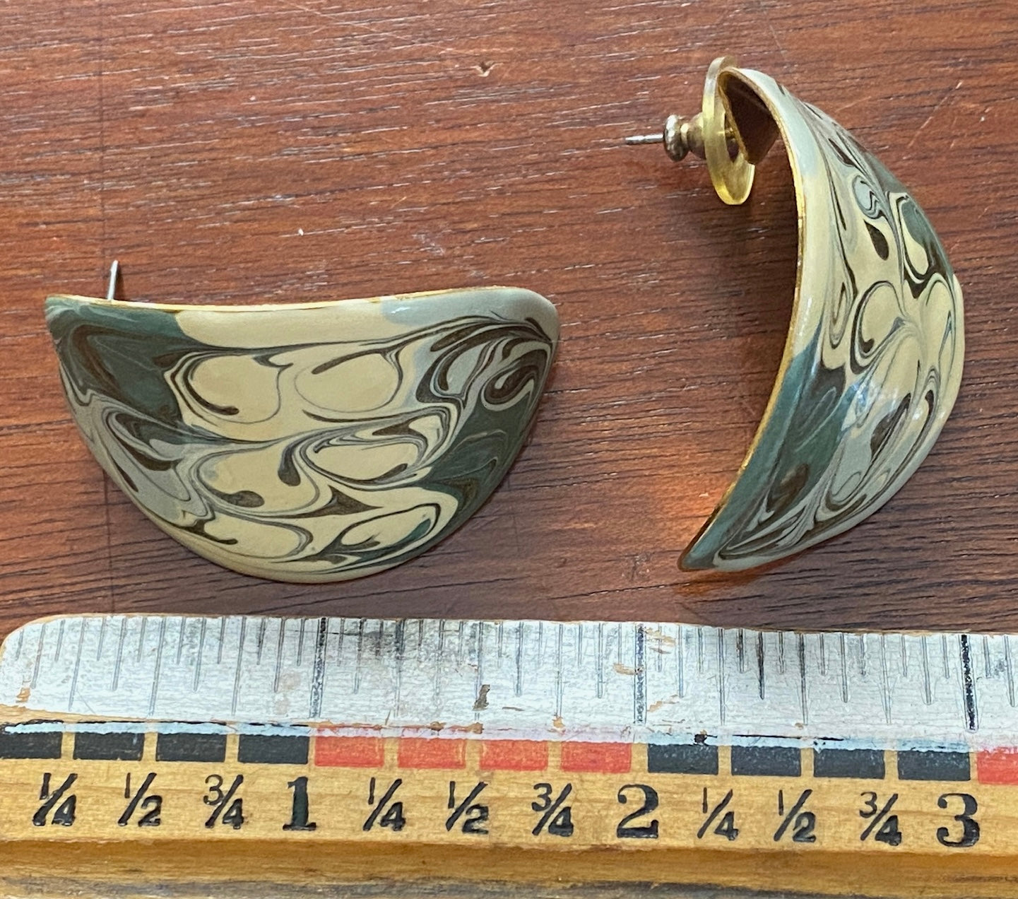 Vintage 80's Large Marbled Enamel Pierced Earrings