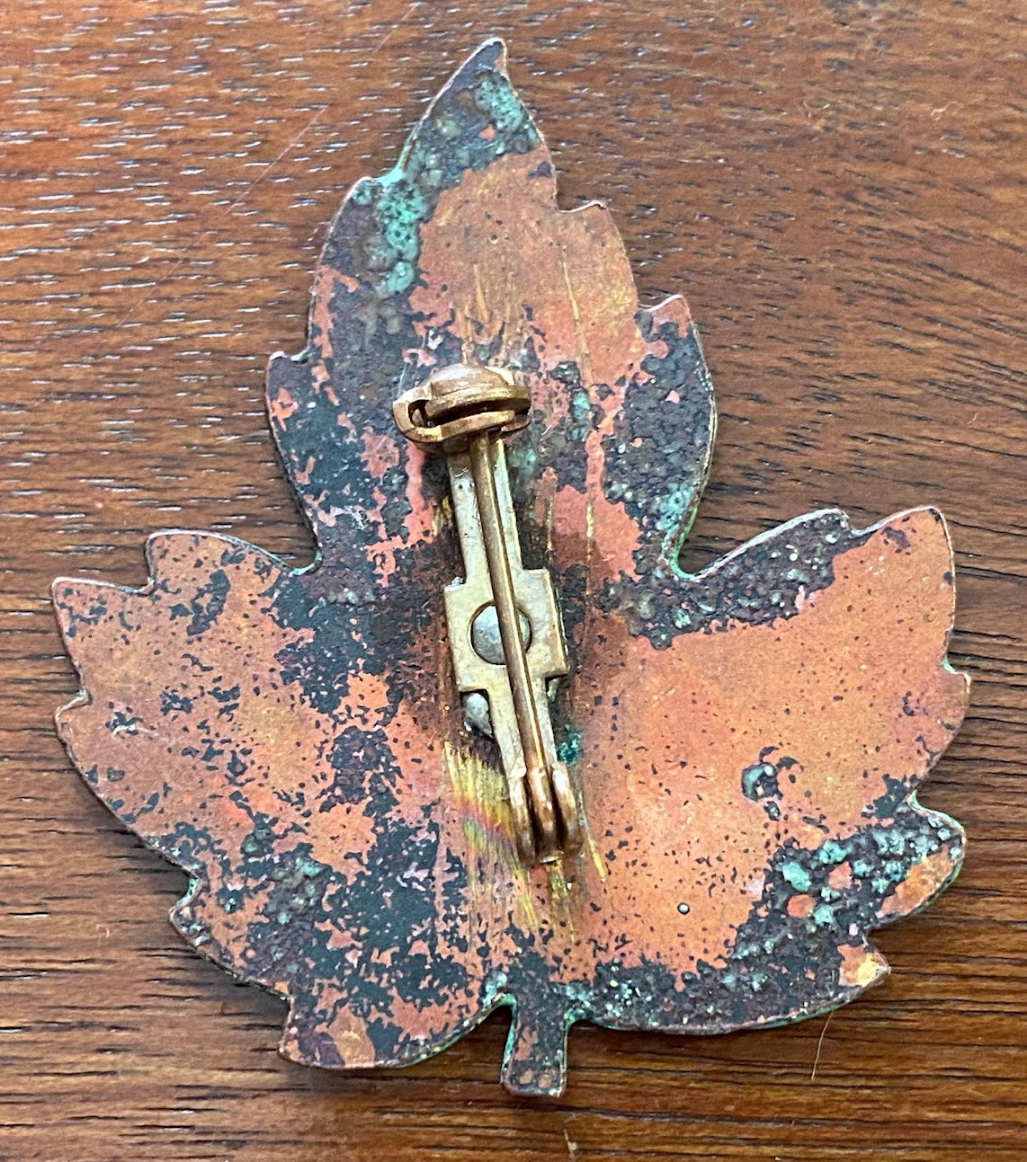 Green Enamel over Copper Leaf Brooch Pin
