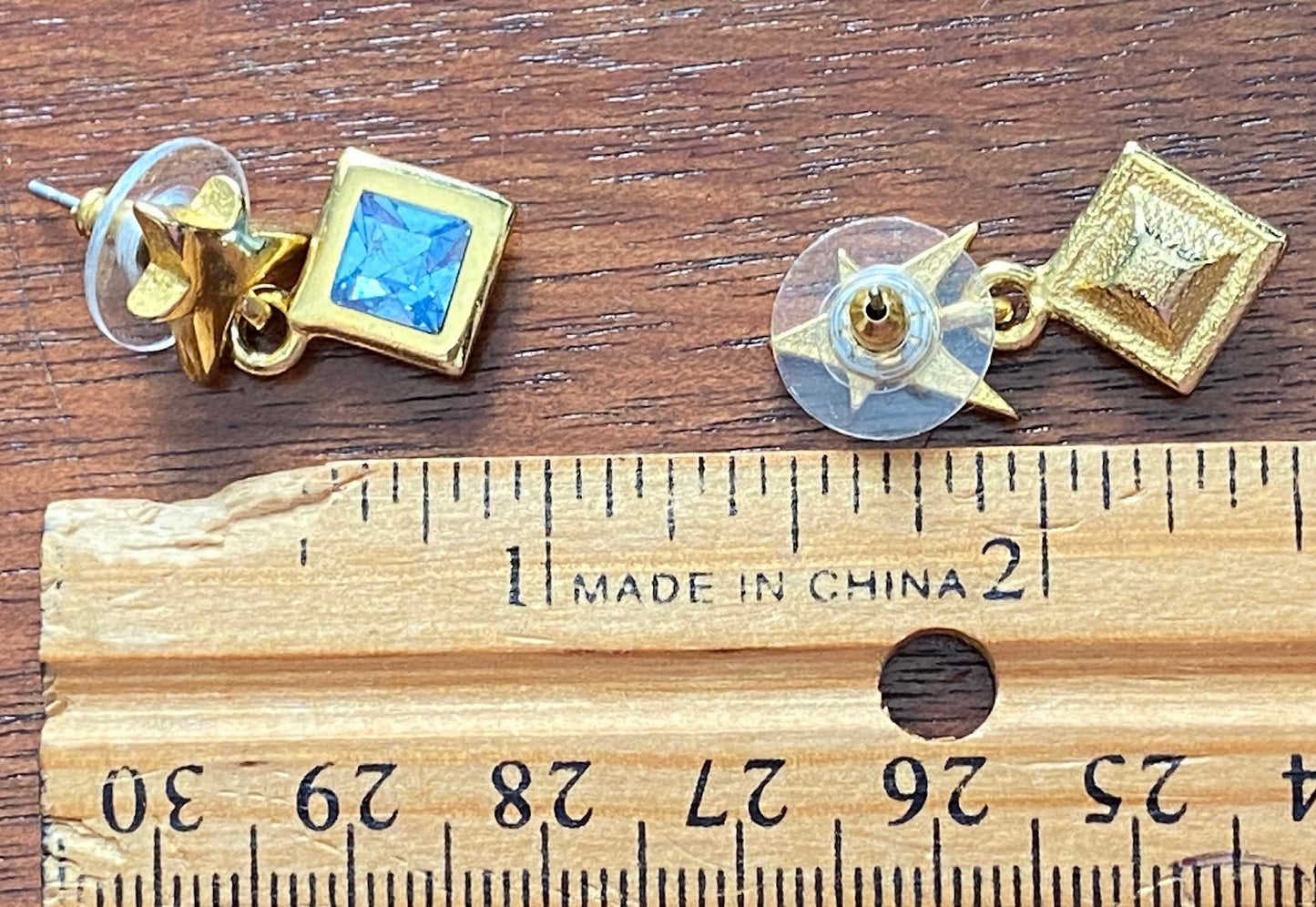 Vintage Gold Tone Star Blue Rhinestone Dangly Pierced Earrings