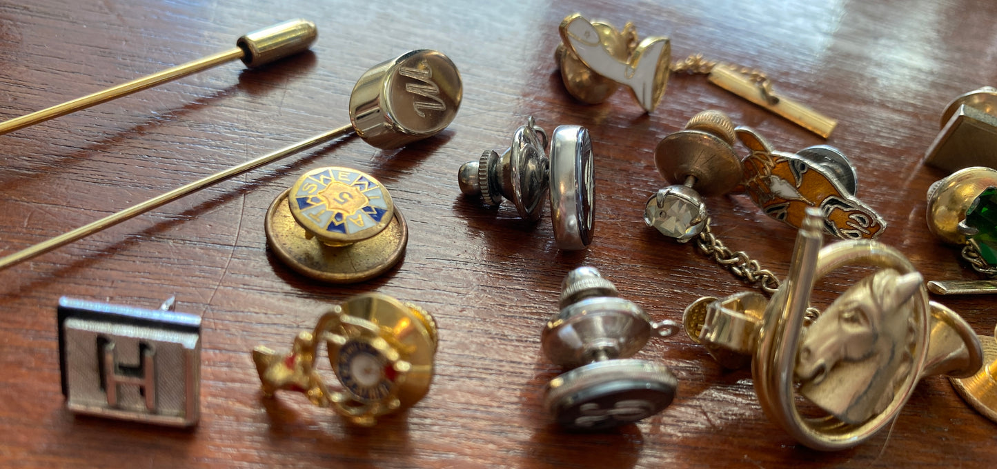 Lot of Vintage Tie Tacks MCM Midcentury Some Signed AB Aurora Borealis Gold Tone