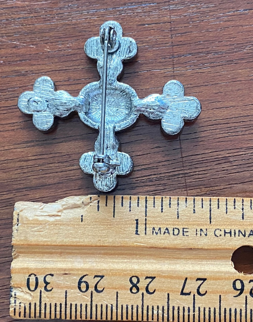 Vintage Silver Tone Blue Rhinestone Maltese Style Brooch Pin