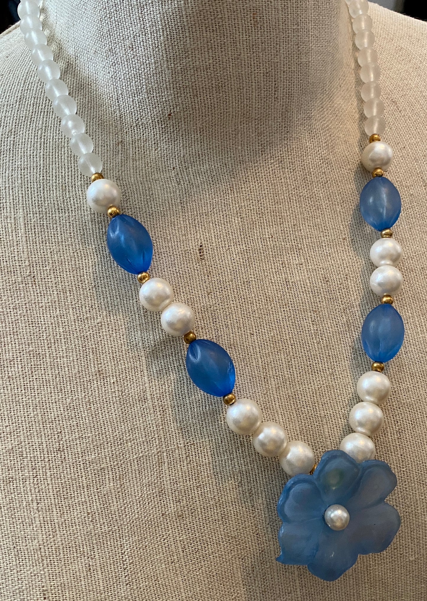 Vintage Faux Pearl Frosted Blue Flower Bead Necklace