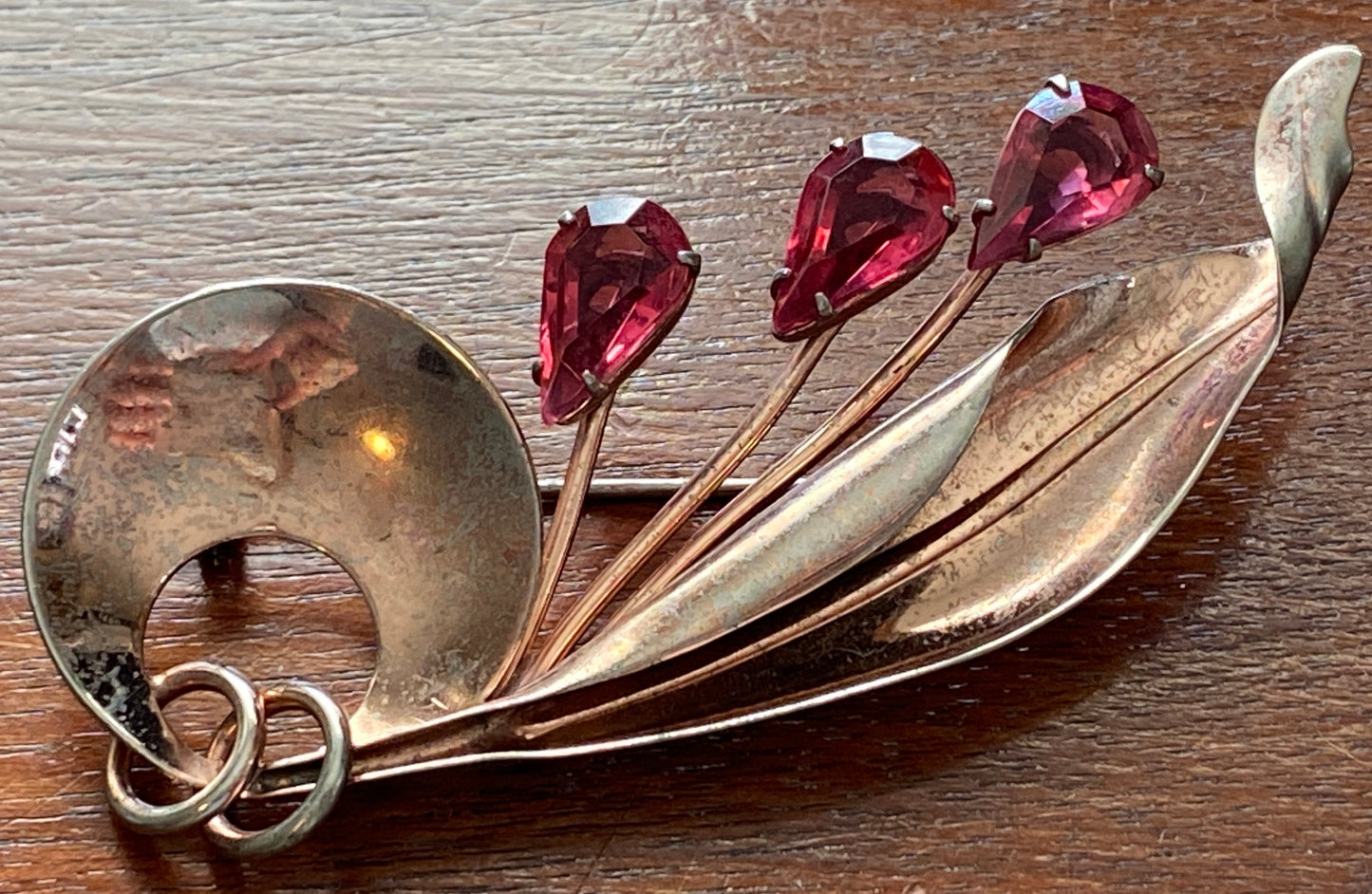 Vintage Large Sterling Silver Rose Gold Plated Pink Rhinestone Flower Brooch Pin