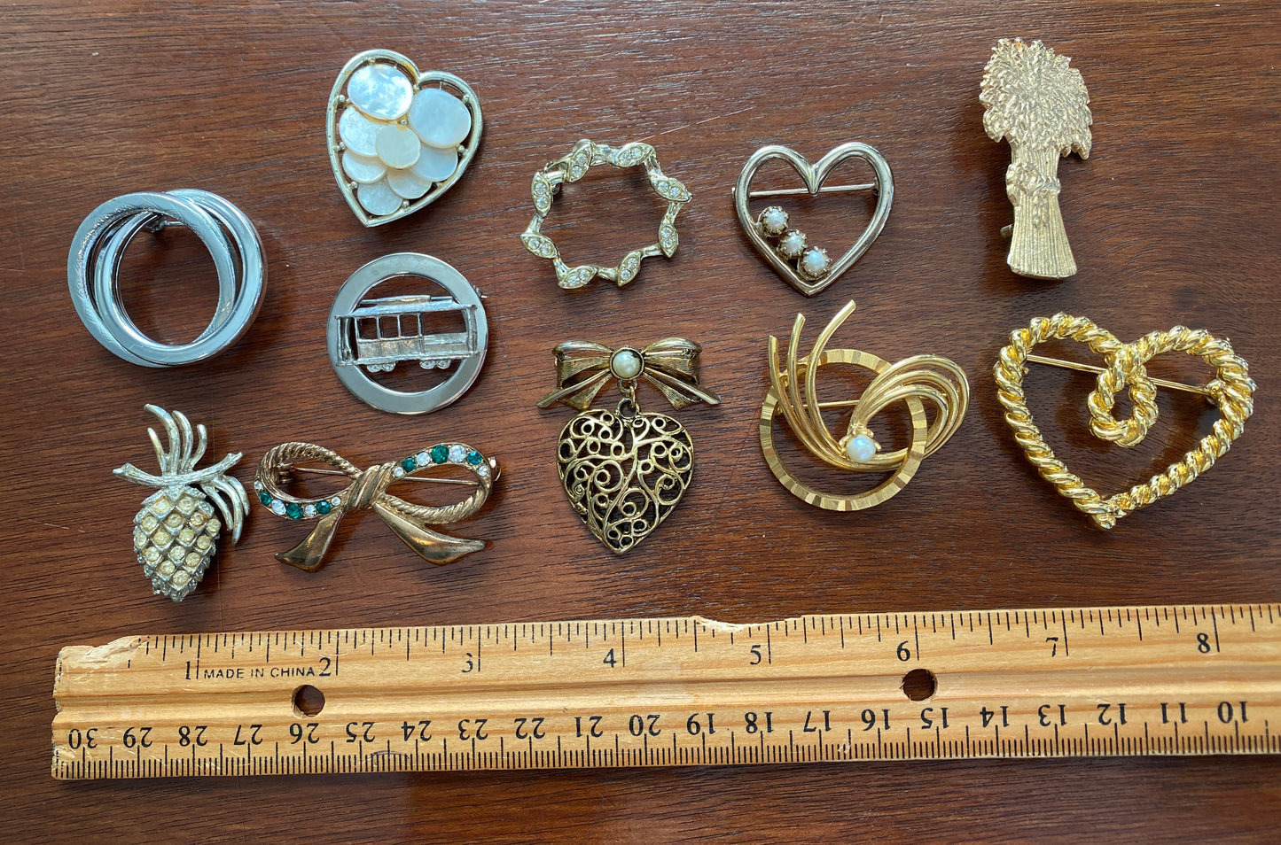 Vintage Brooch Pin Lot Gold Silver Tone Heart Ribbon Wheat Faux Pearl