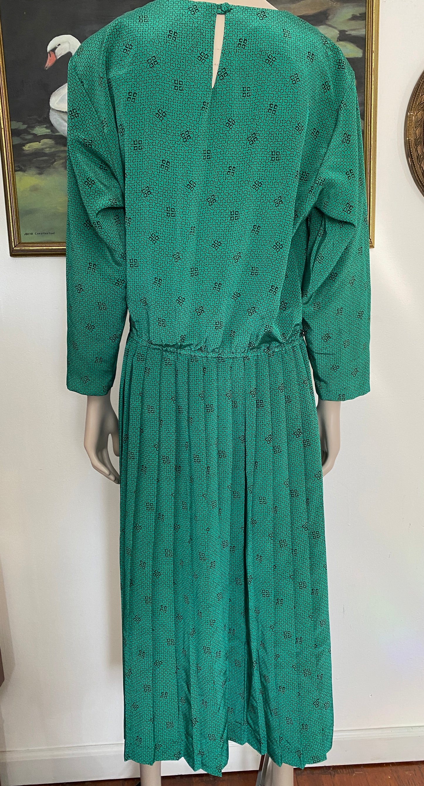 Vintage 70's Secretary Dress Pleated Green Black Funky Pattern