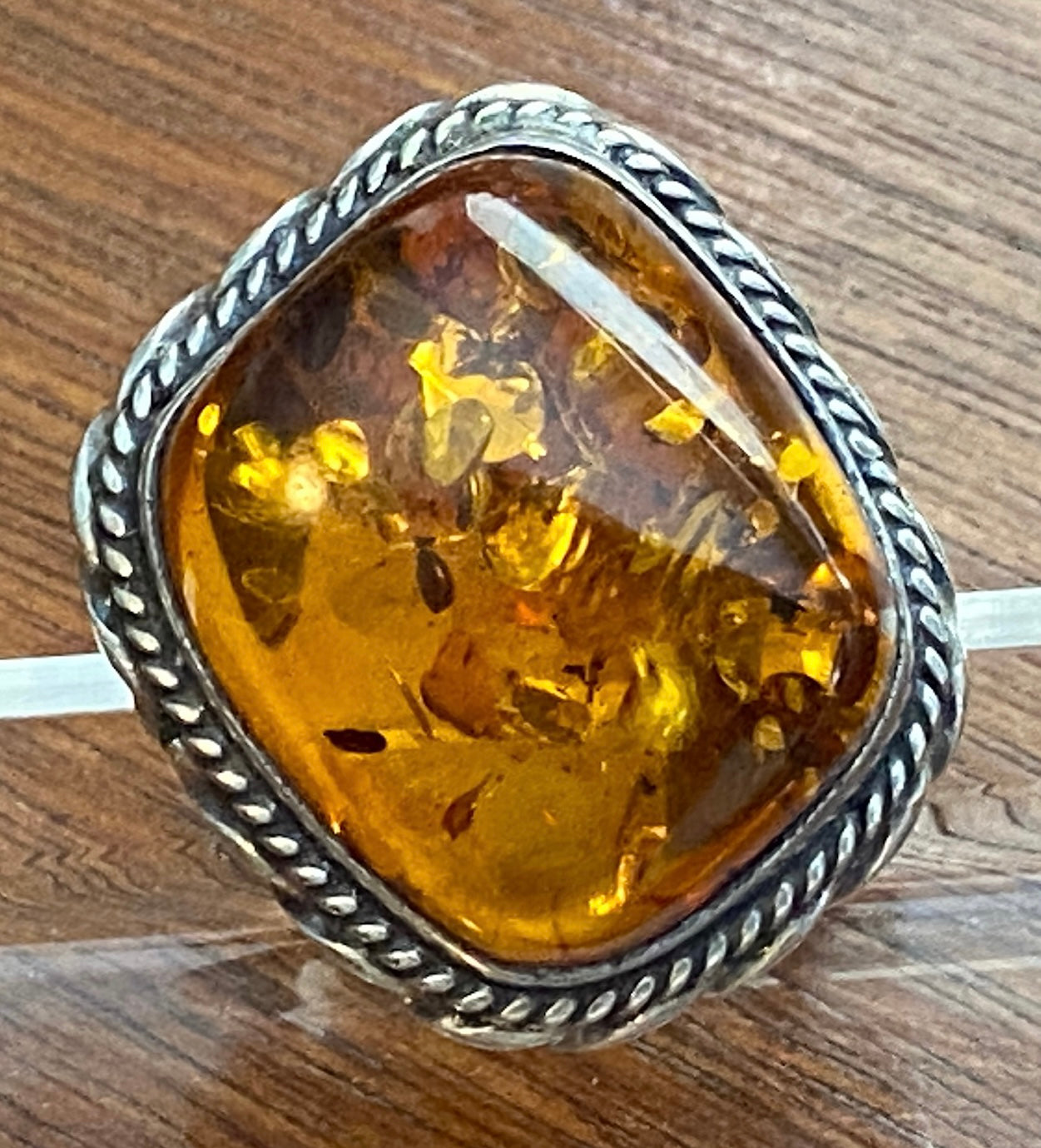 Sterling Silver 925 Heavy Amber Cabochon Rope Edge Ring Signed PS Sz 8