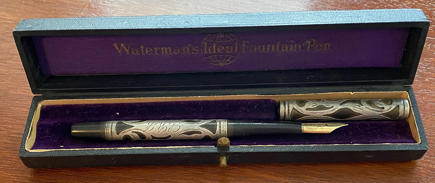 Antique Waterman's Ideal Fountain Pen Sterling Silver Overlay Original Box