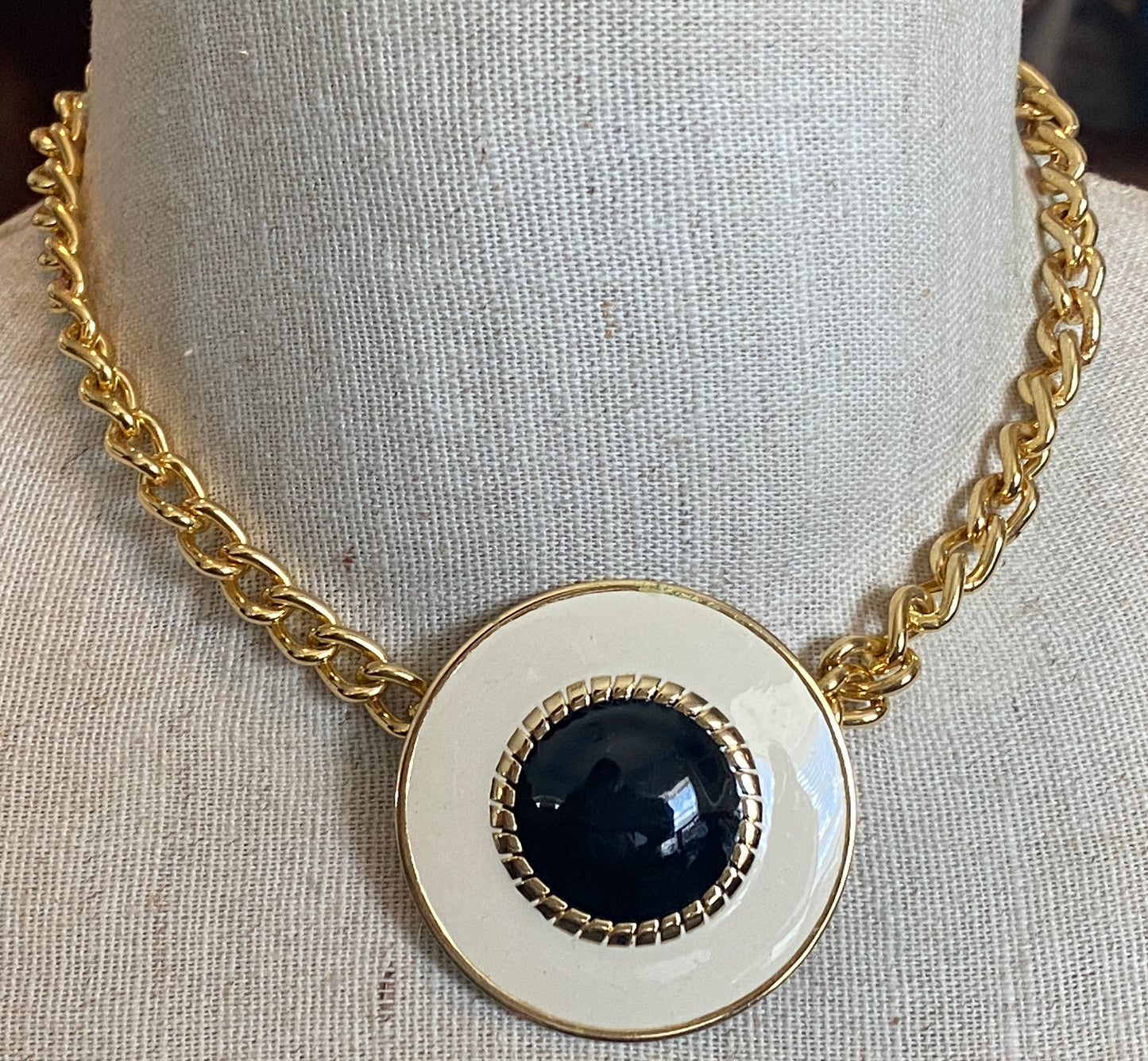 Vintage Beige Black Gold Tone Collar Necklace Large Round Pendant