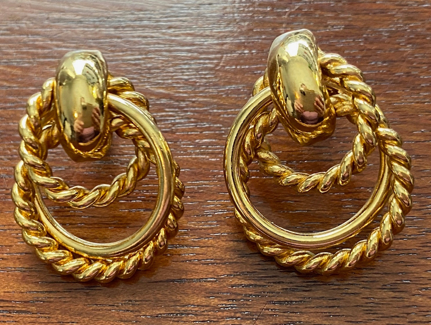 Vintage Gold Tone 80's Rope Twist Drop Pierced Earrings