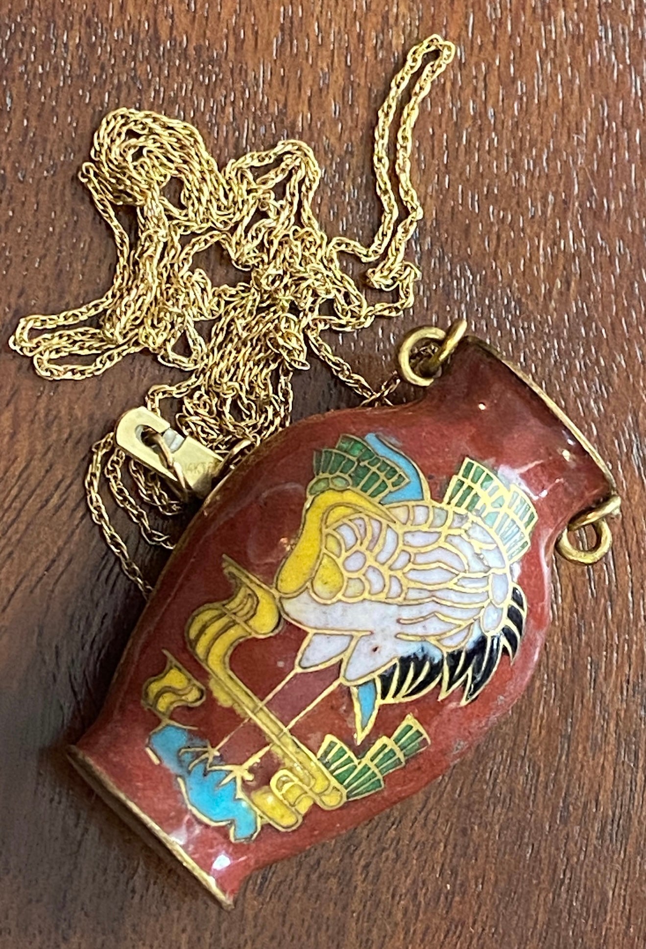 Vintage 1/20 14k Gold Filled Cloisonne Vase Pendant Necklace Crane