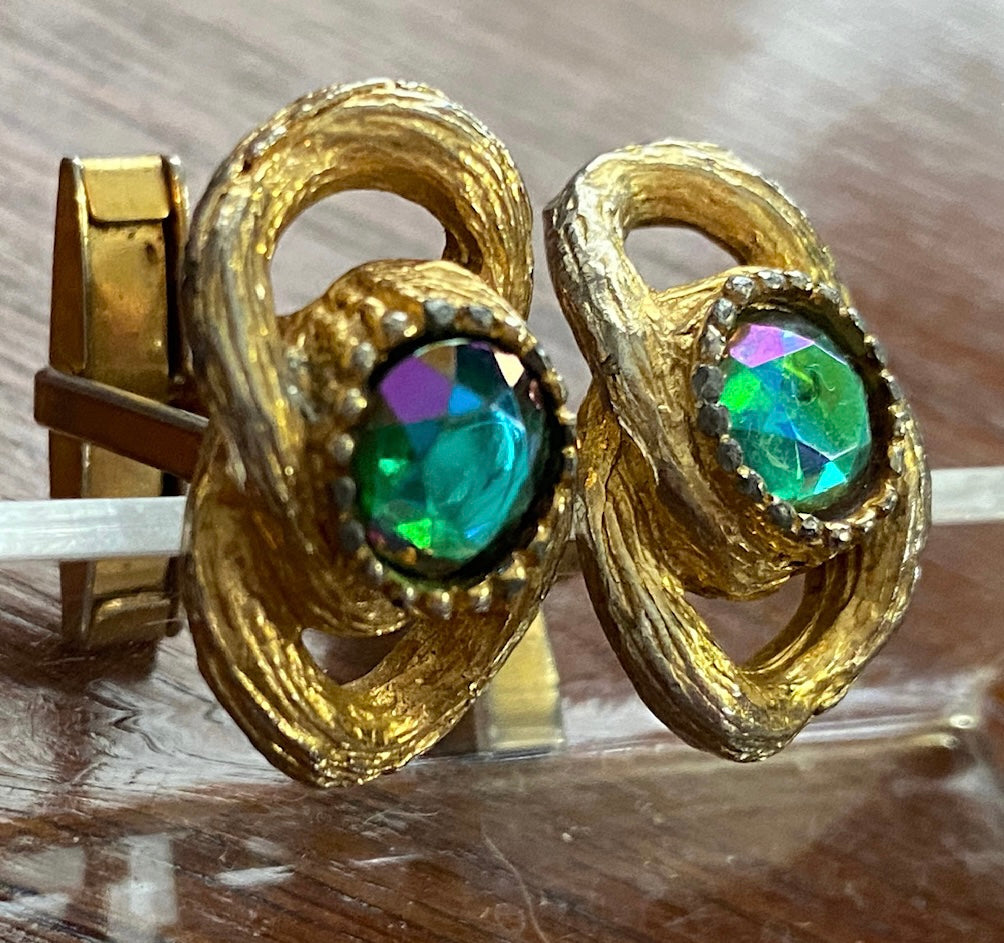 Vintage Gold Tone Ab Aurora Borealis Rhinestone Cufflinks Marked USA