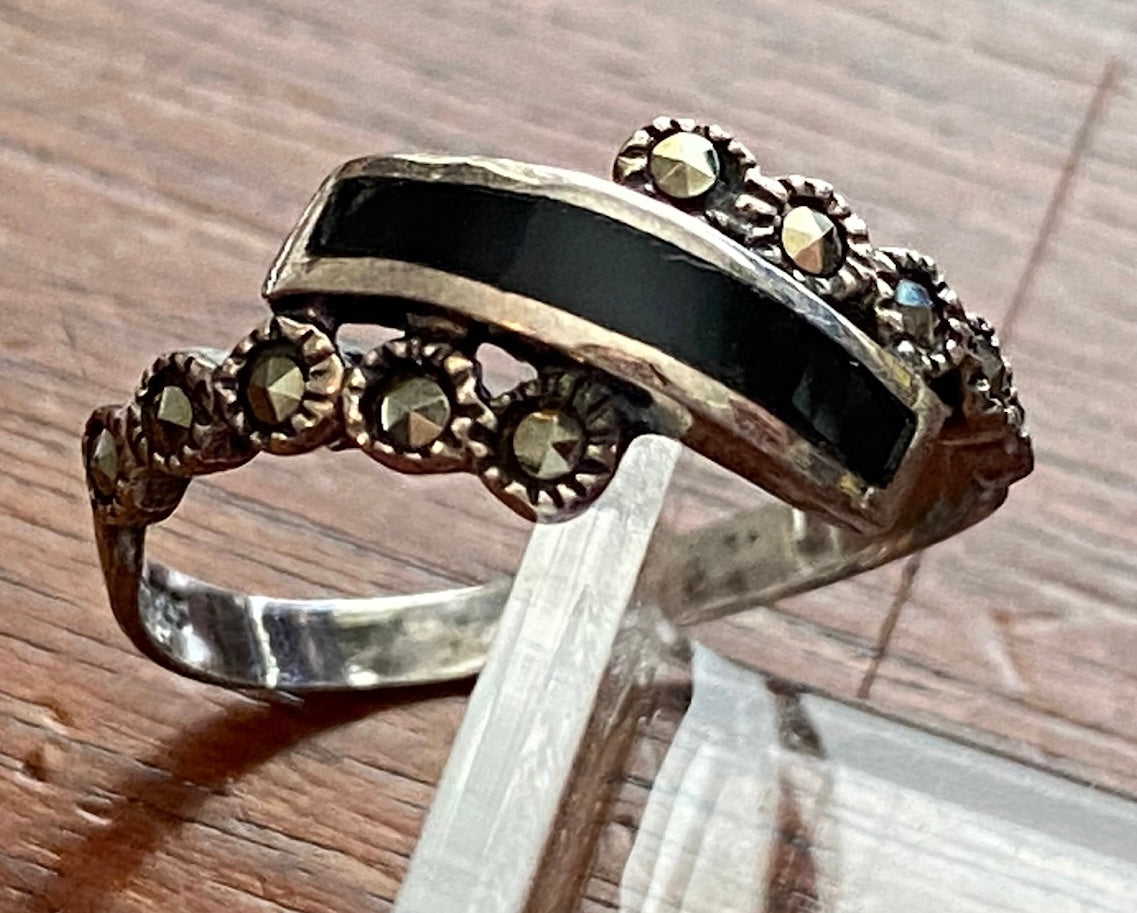Sterling Silver 925 Onyx Marcasite Ring Sz 6 Signed DAC
