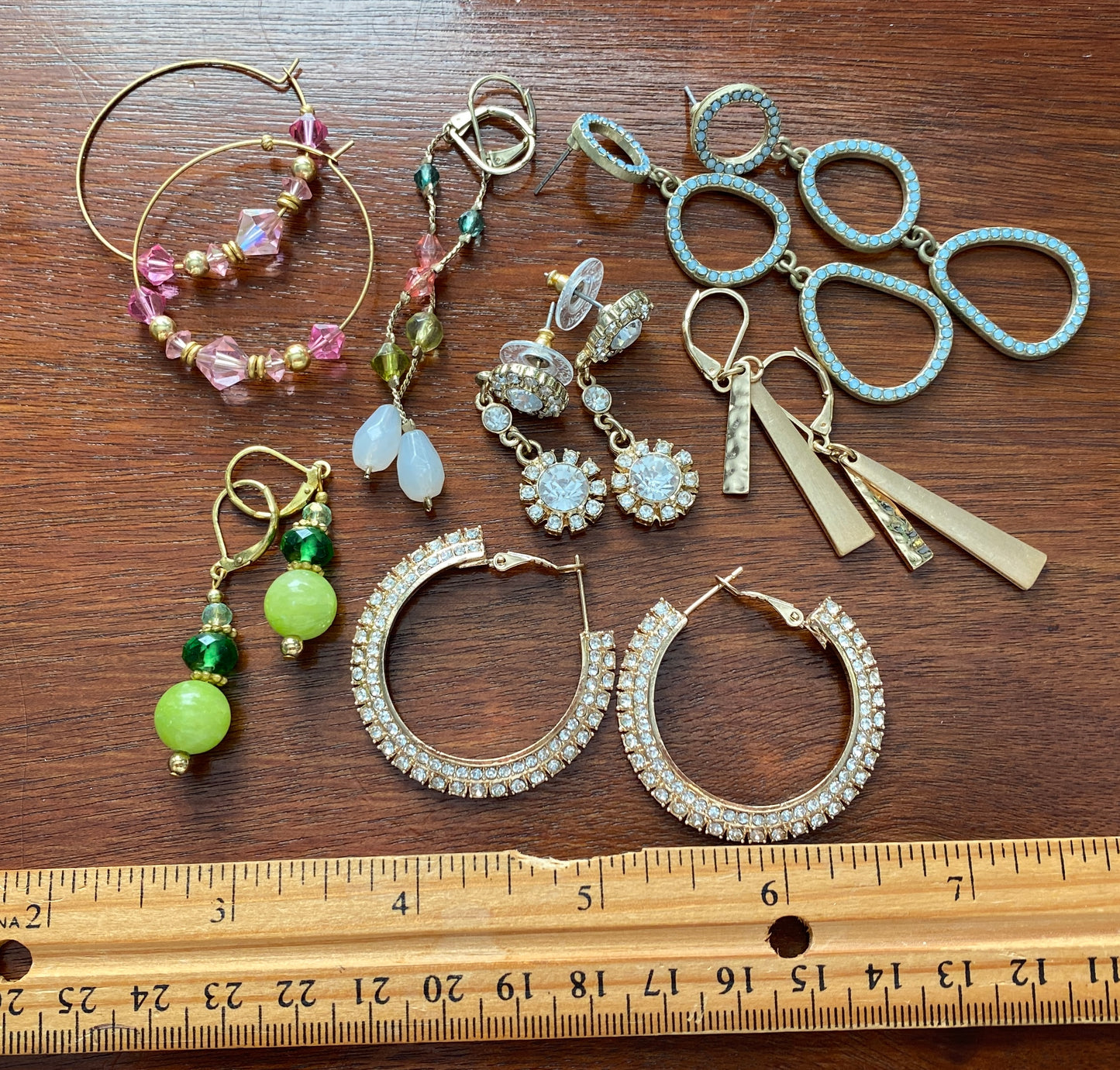 Lot of Gold Tone Pierced Drop Dangly Earrings Rhinestone Glass Beads Pastels
