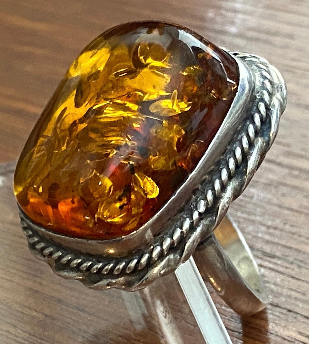 Sterling Silver 925 Heavy Amber Cabochon Rope Edge Ring Signed PS Sz 8