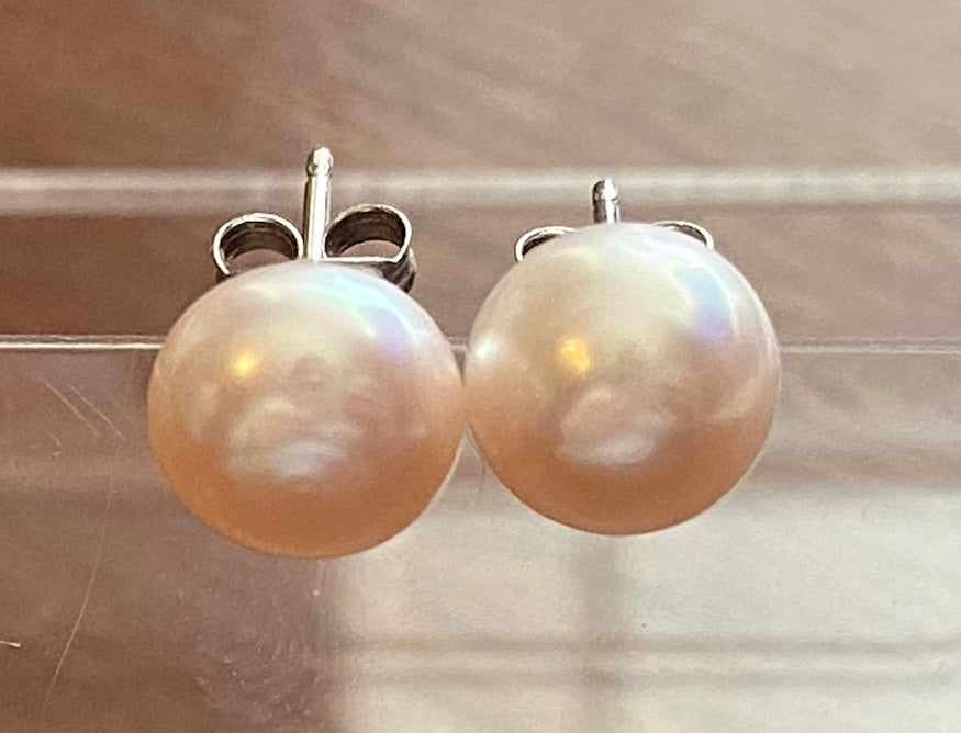 Sterling Silver 925 9mm Pink Cultured Pearl Stud Earrings Pierced Signed CP