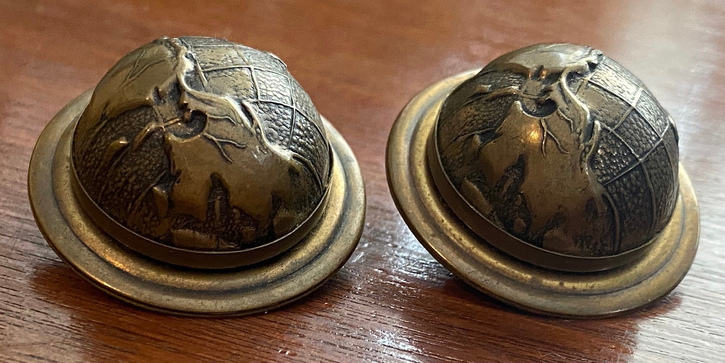 Vintage Bronze Tone Metal Globe Atlas Large Clip on Earrings