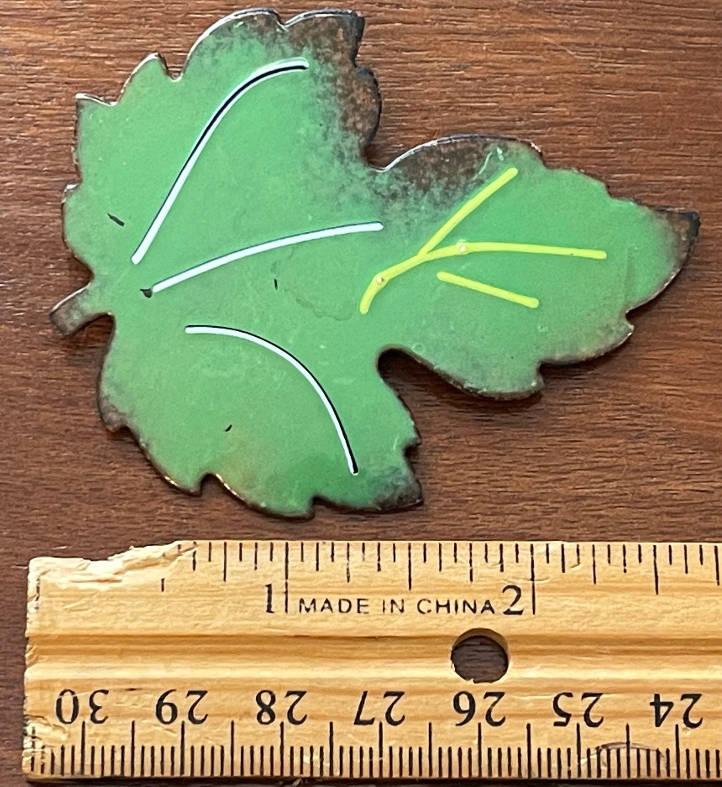 Vintage Large Copper Glazed Enamel Leaf Brooch Pin