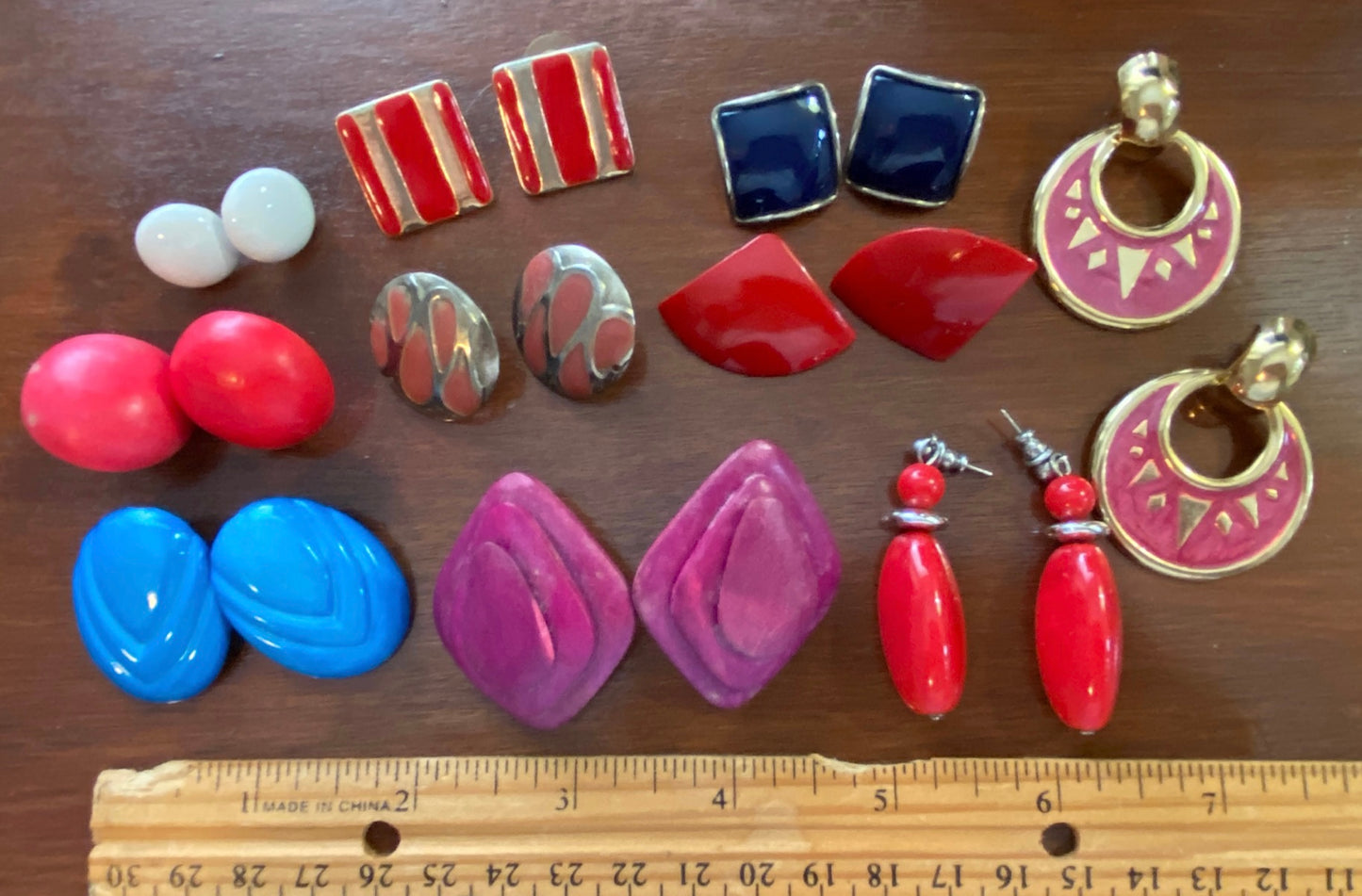 Lot of 10 Pairs of Pierced Earrings Vintage 80's Colorful Wood Painted Metal