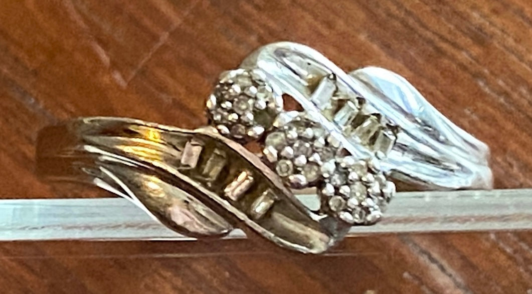 Sterling Silver Round Baguette Diamond 3 Stone Ring Sz 6.75