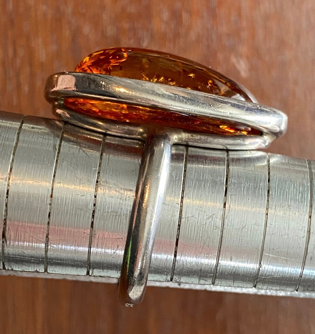 Large Faux Amber Cabochon Sterling Silver Modern Design Ring Sz 8.75