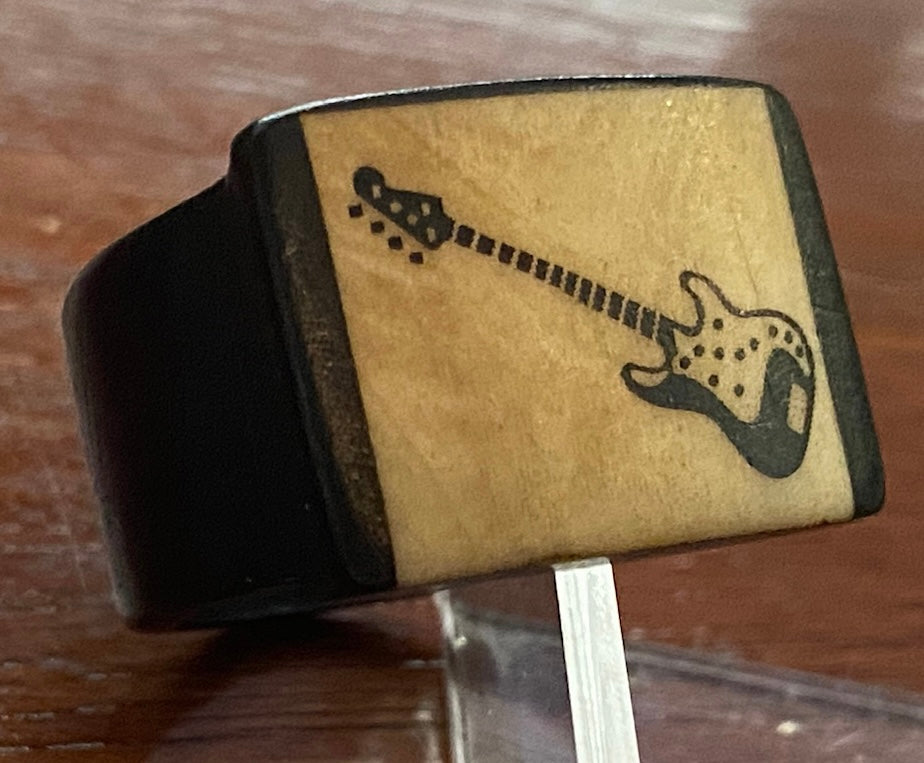 Black Wood Grain Burn in Guitar Design Ring Sz 8.75