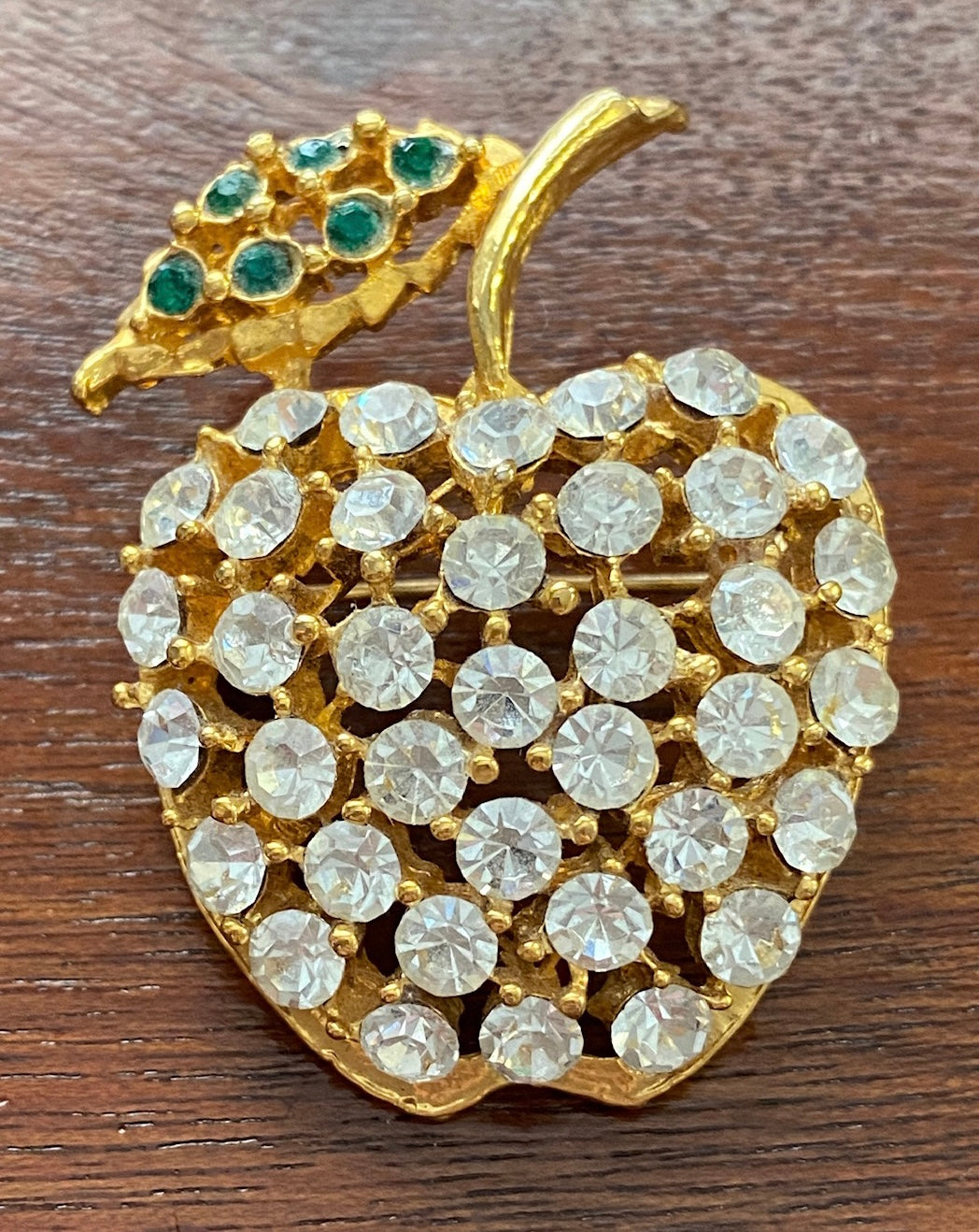 Domed Gold Tone Metal Rhinestone Apple Brooch Pin