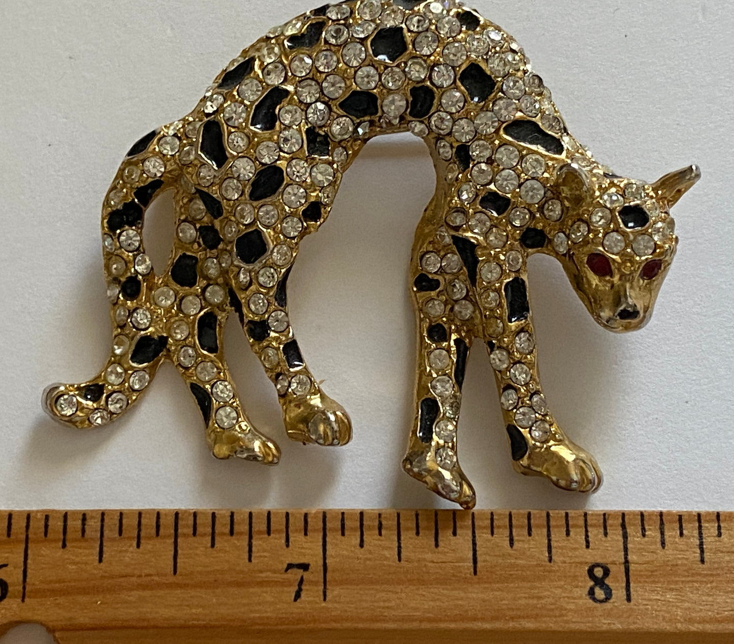 Vintage Rhinestone Enamel Cheetah Cat Brooch Pin