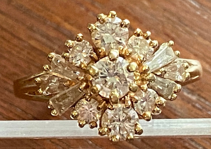 14k Yellow Gold Round Tapered Baguette Diamond Cluster Ring Sz 7.5