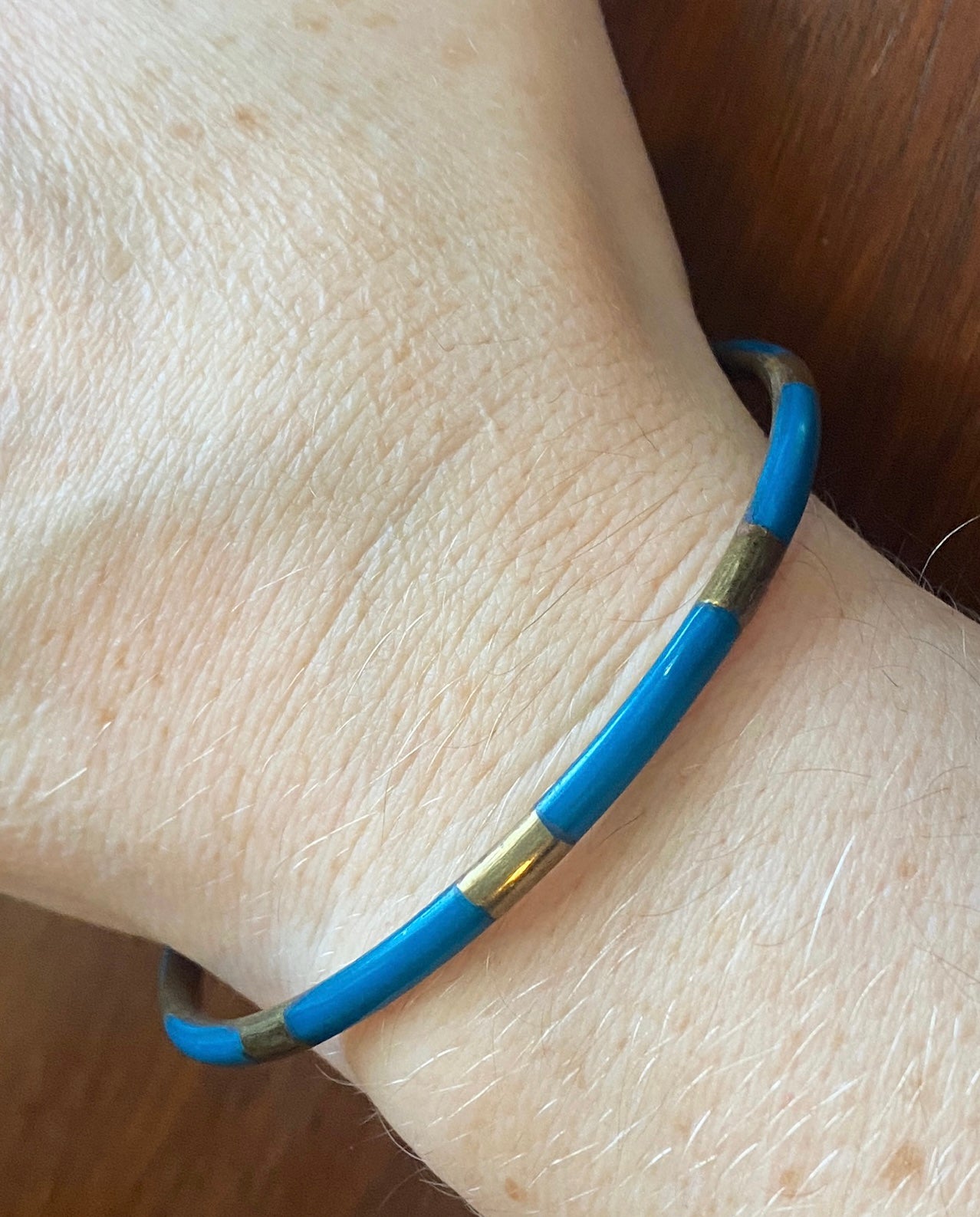 Vintage Brass Blue Inlay Bangle Bracelet Stacking