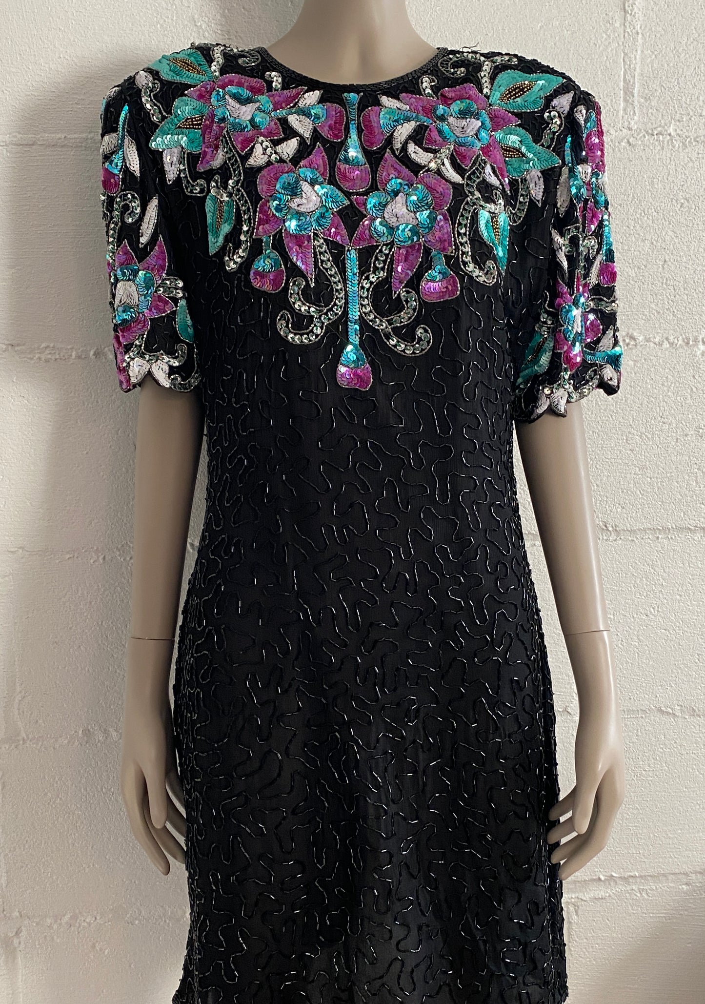 Laurence Kazar Pure Silk Petite XL Knee Length Dress Full Sequins