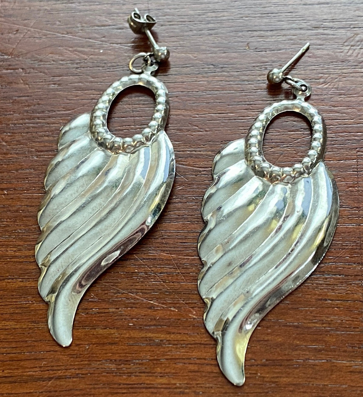 Silver Tone Metal Drop Dangly Wing Style Pierced Earrings