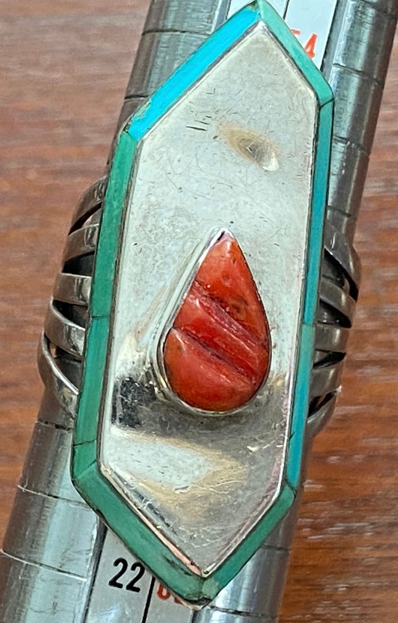 Vintage Sterling Silver Turquoise Border Red Coral Ring Sz 8