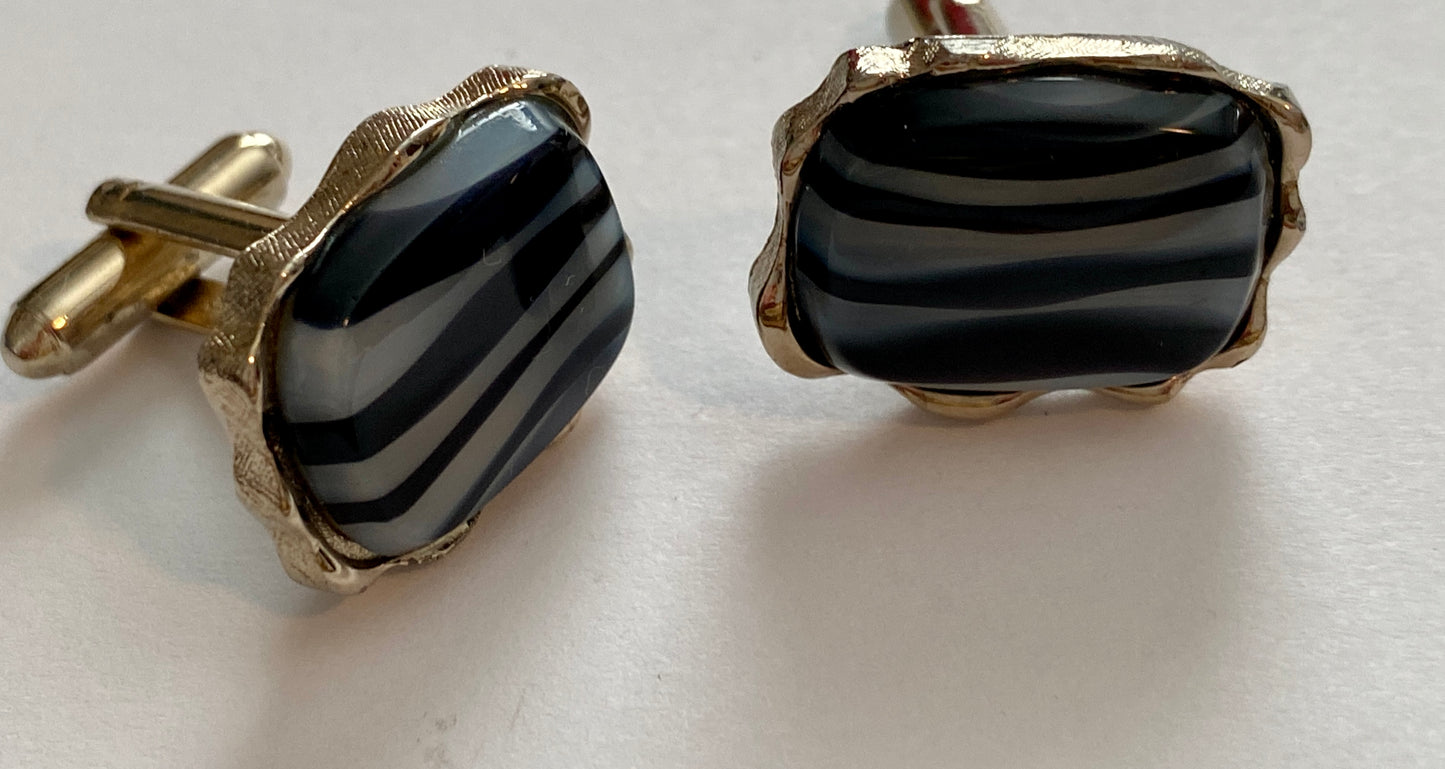 Vintage Dante Black Frost Striped Art Glass Silver Tone Cuff Links