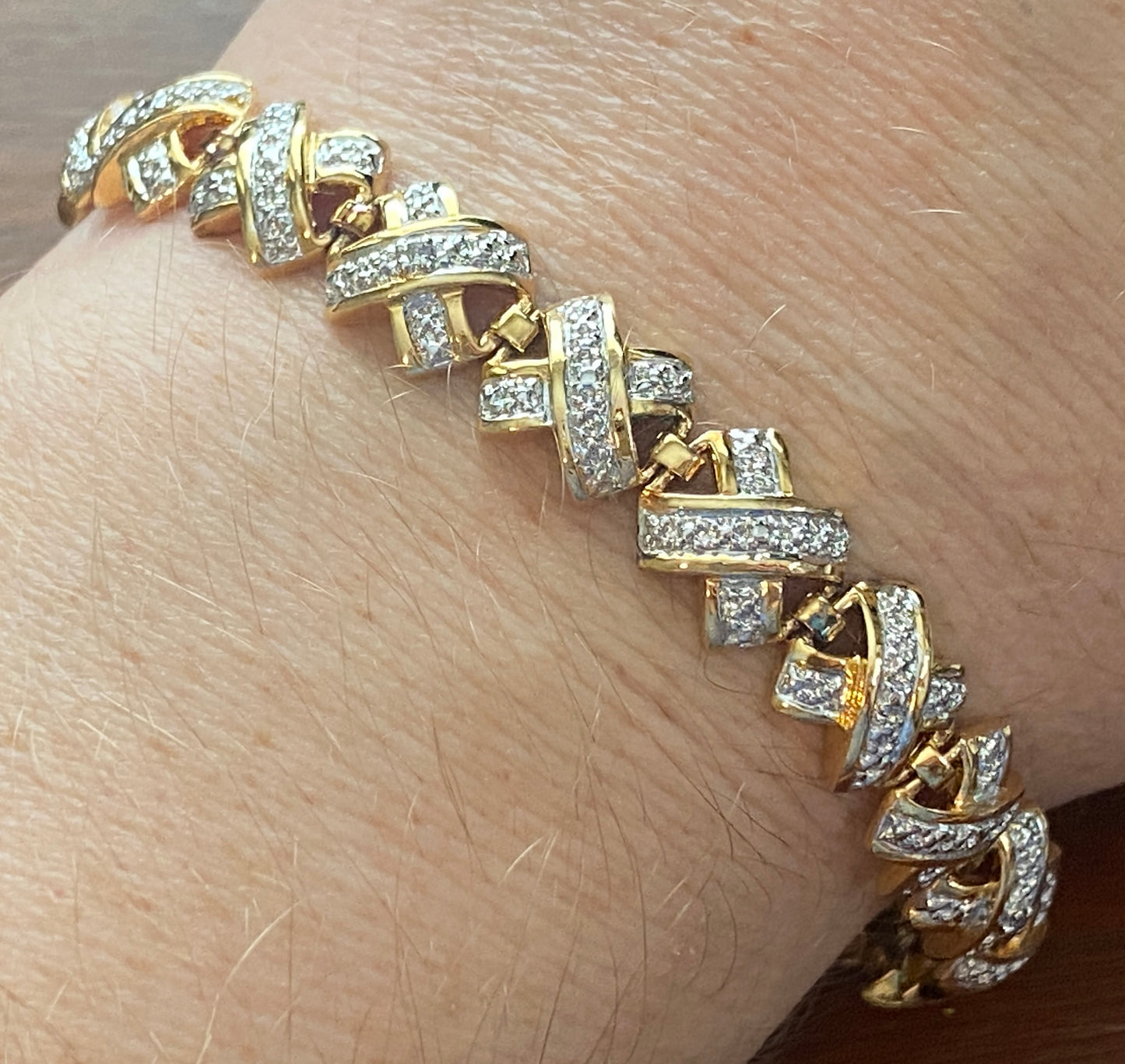 Sterling Silver 925 Gold Plate Cross X Tennis Bracelet 7.5" Long