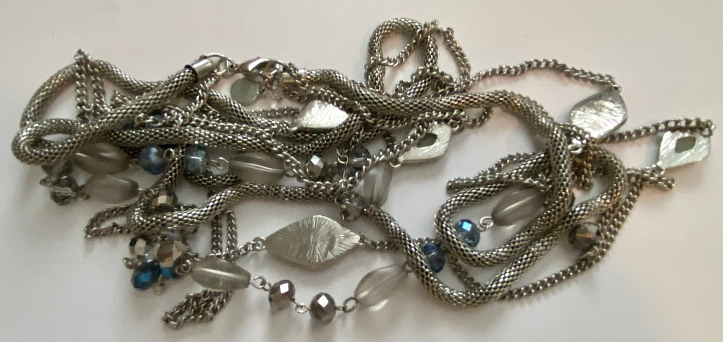 Vintage Long Silver Tone Metal Mesh Layered Rhinestone Bead Necklace