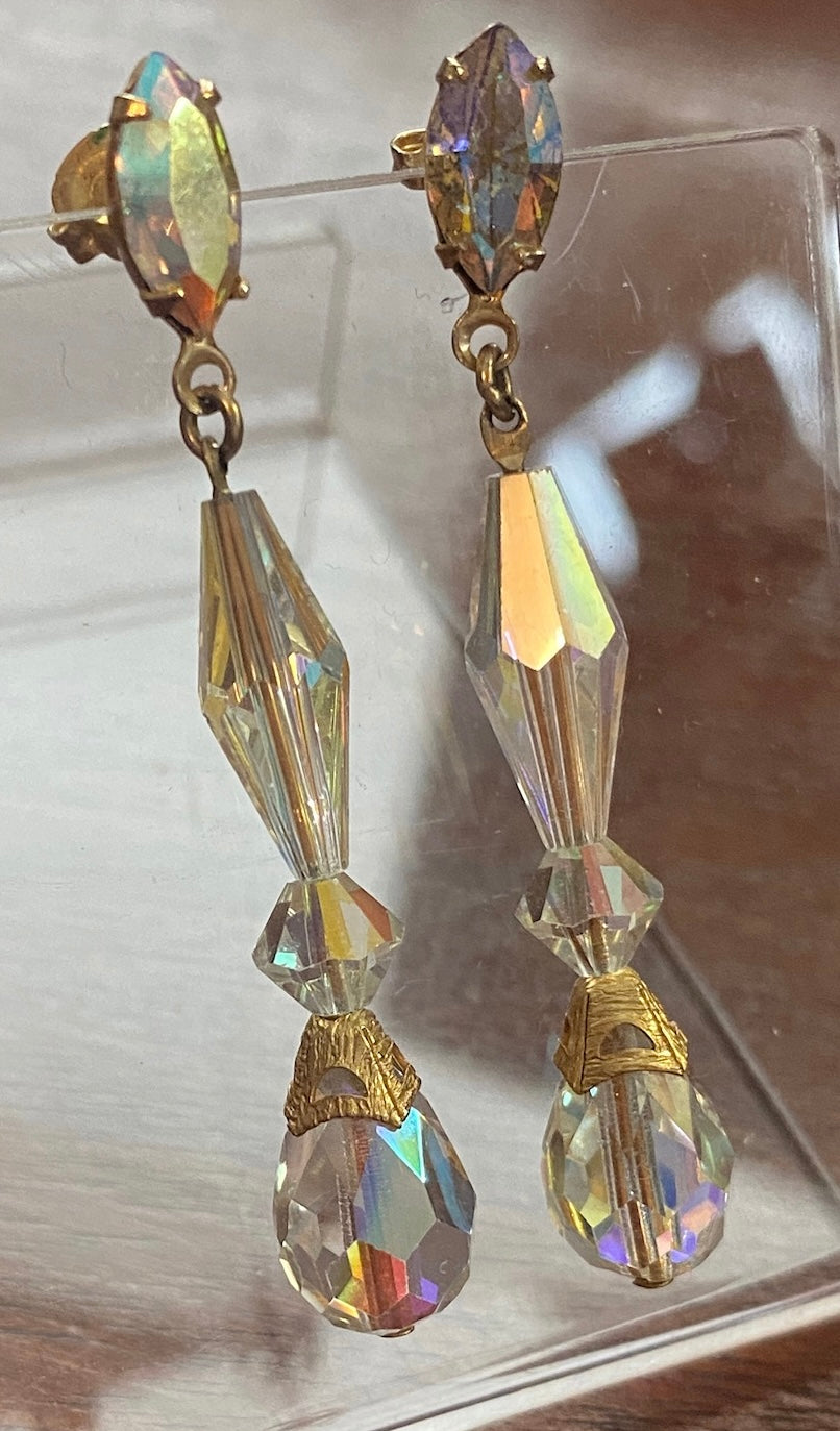 Vintage Style Gold Tone Aurora Borealis AB Glass Dangly Drop Pierced Earrings