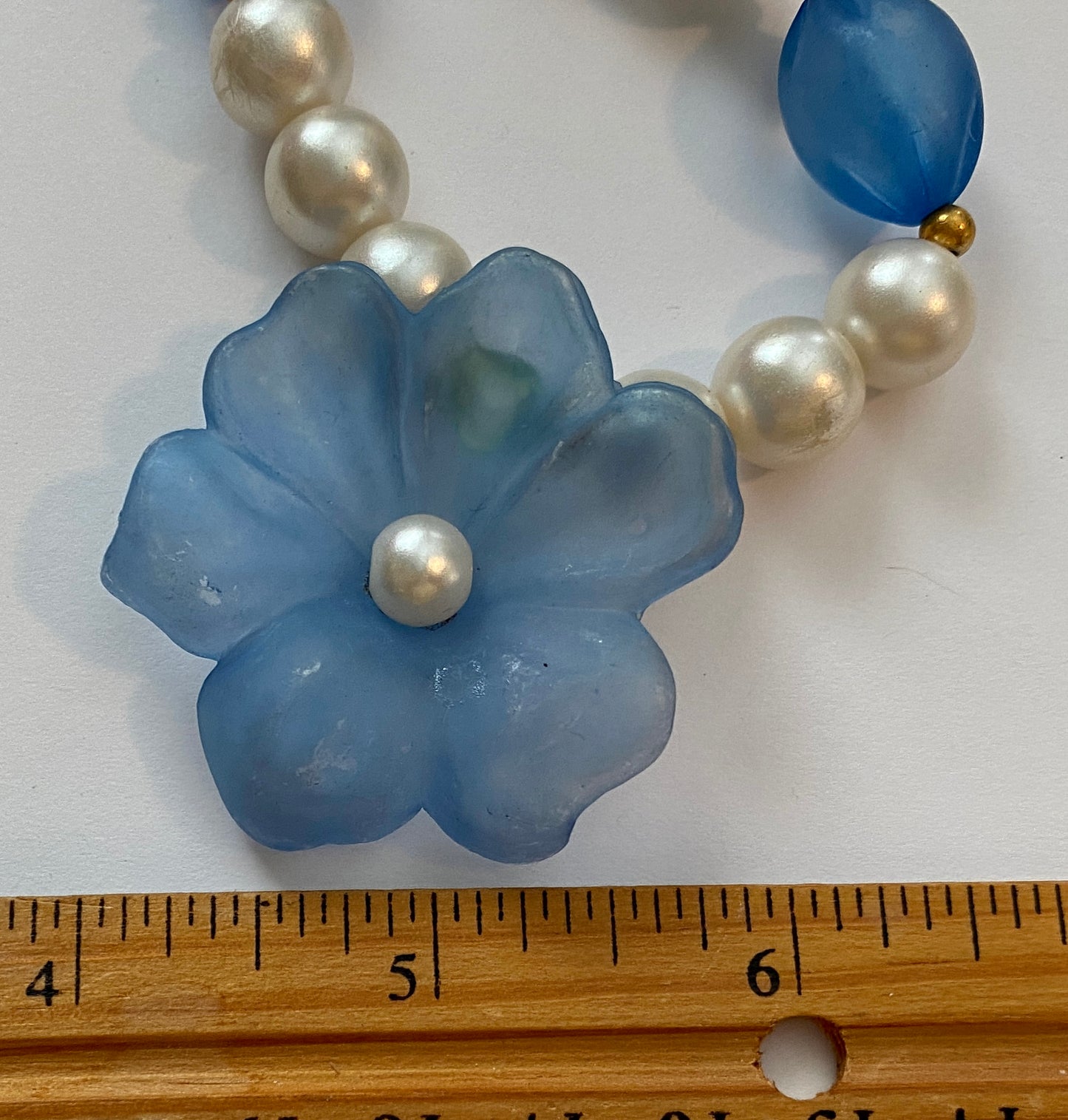 Vintage Faux Pearl Frosted Blue Flower Bead Necklace