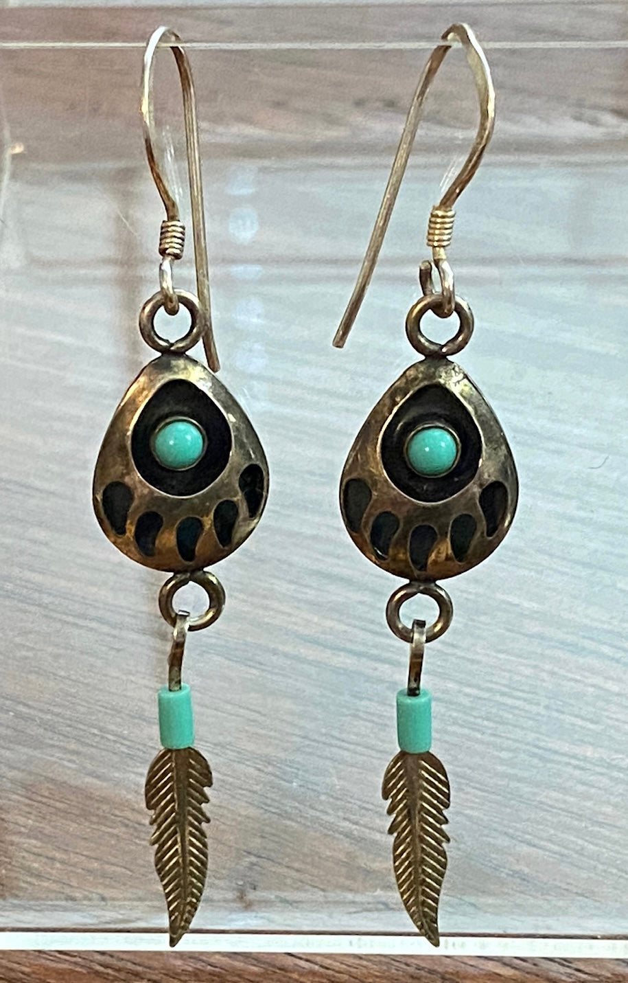 Sterling Silver 925 Turquoise Feather Bear Claw Drop Dangly Earrings