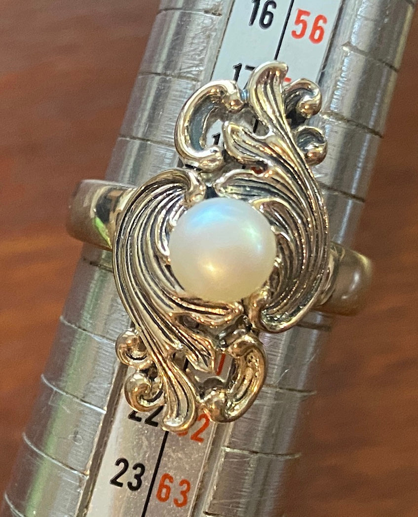 Sterling Silver 925 6mm Pearl Ring Signed RF Sz 8.75 Swirl Design