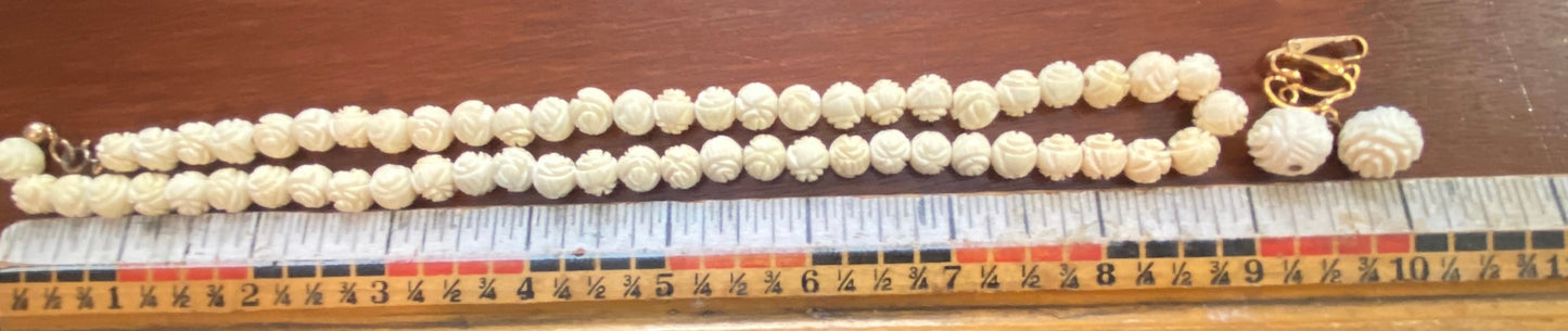 Vintage Carved Resin Flower Rose Necklace Clip On Earring Set