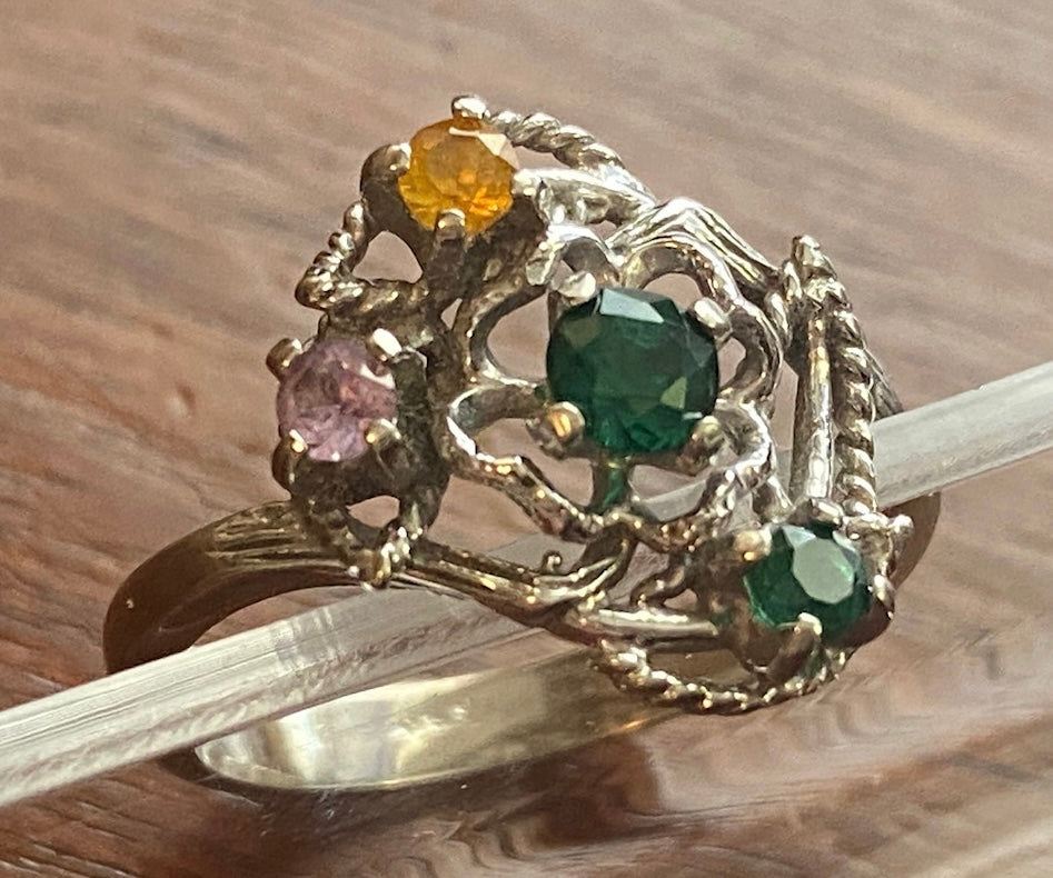 10k White Gold Gemstone Ring Sz 6.25 Amethyst Emerald Yellow Topaz