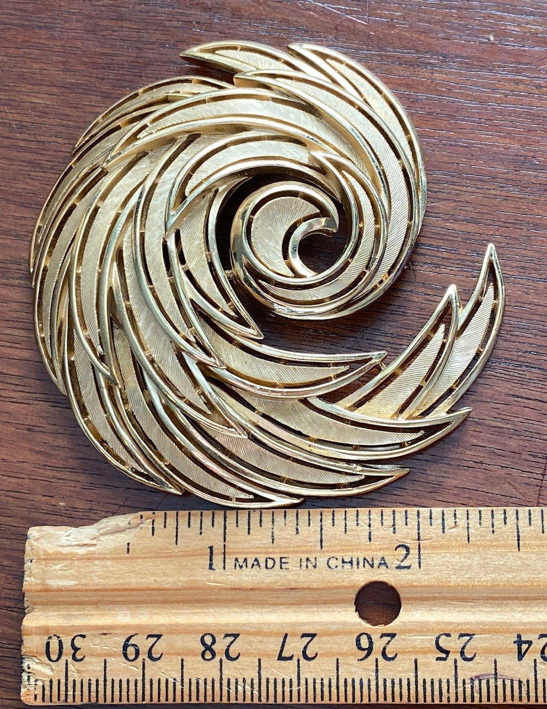 Vintage HUGE Crown Trifari Two Tone Gold Swirl Spiral Brooch Pin