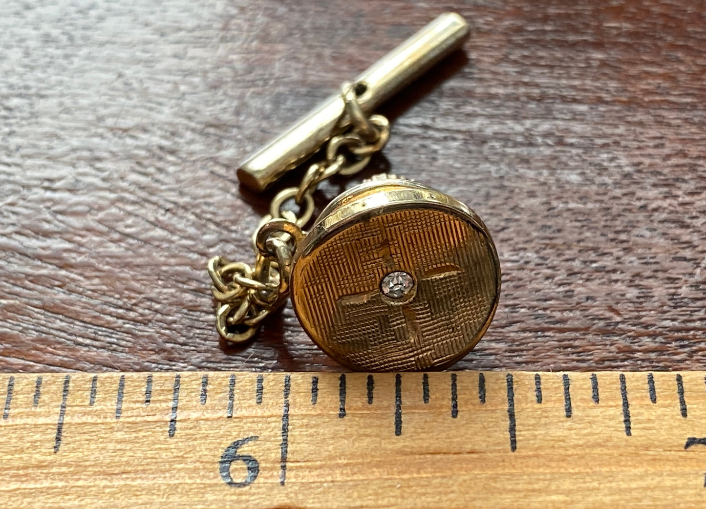 Vintage Textured MCM Midcentury Gold Tone Rhinestone Tie tack