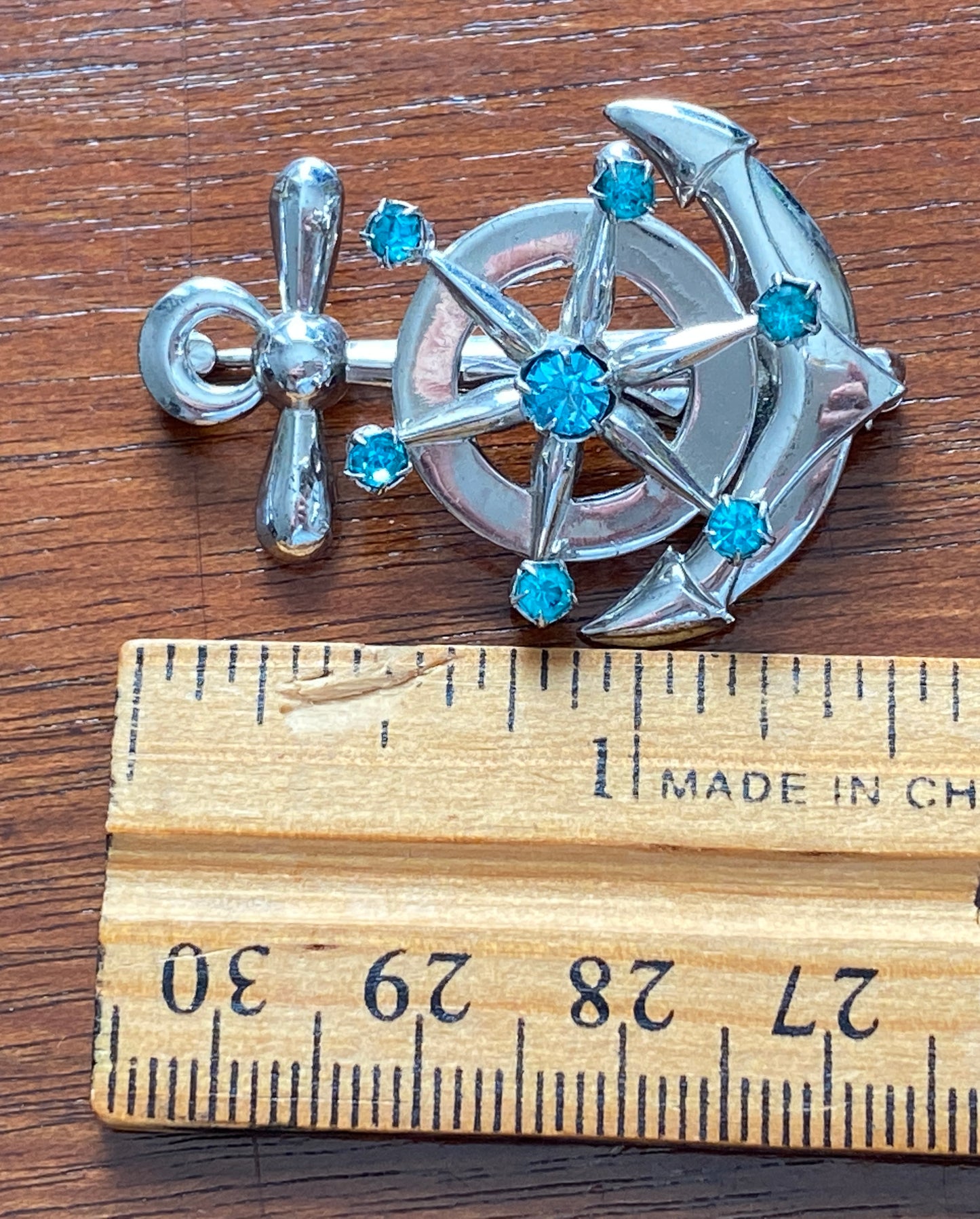 Vintage Sterling Silver 925 Aquamarine Nautical Anchor Ship Wheel Brooch Pin