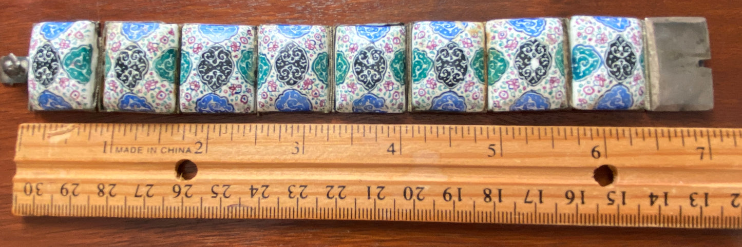 Antique Vintage Silver Enamel Panel Persian Eastern Bracelet