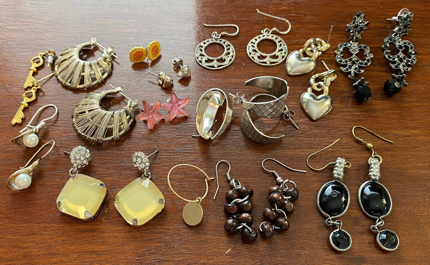 Vintage to Now Pierced Earring Lot Some Signed Rhinestone Hearts Black Bead