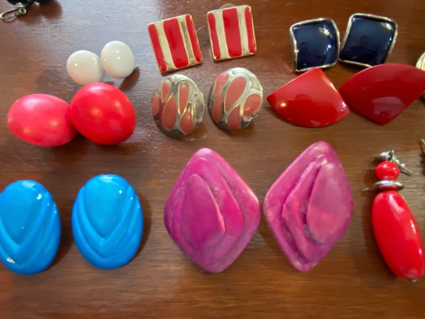Lot of 10 Pairs of Pierced Earrings Vintage 80's Colorful Wood Painted Metal